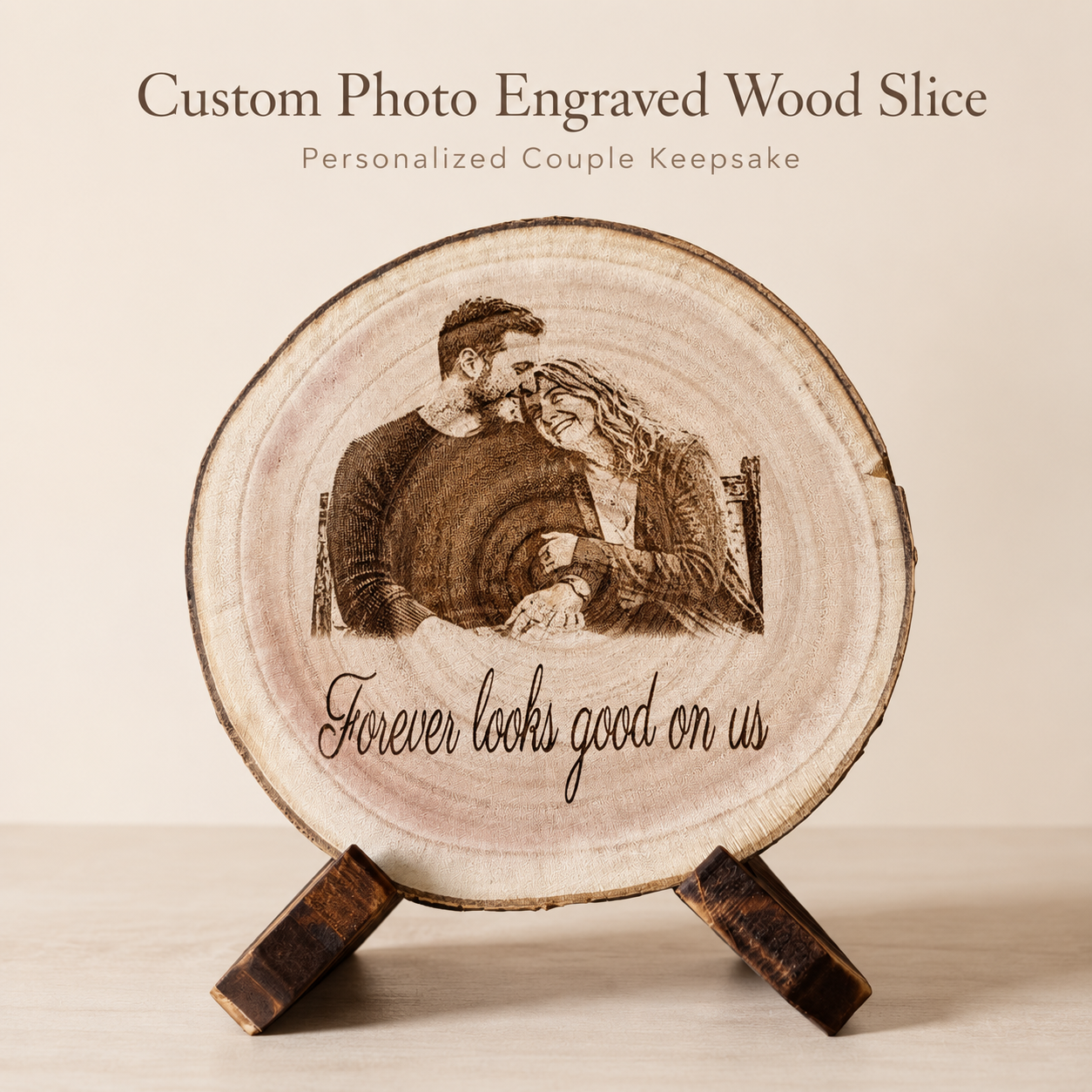 Custom photo engraved wood slice couple keepsake on premium X stand