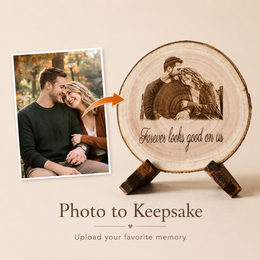 Before and after style image showing a couple photo turned into an engraved wood slice keepsake