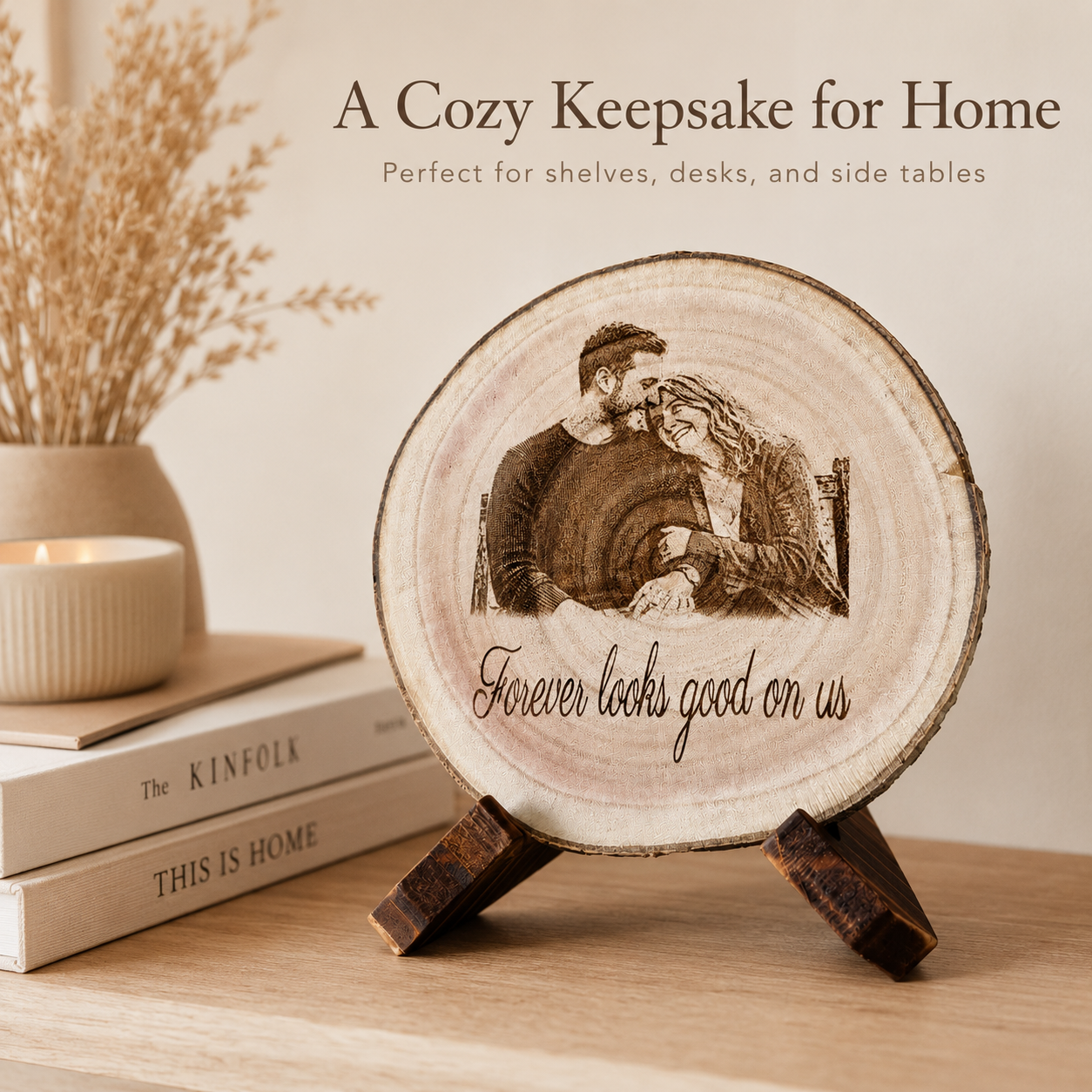 Custom photo wood slice displayed as a cozy home keepsake on a shelf or table