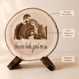 Close up showing natural wood slice, engraved portrait, and premium X stand details