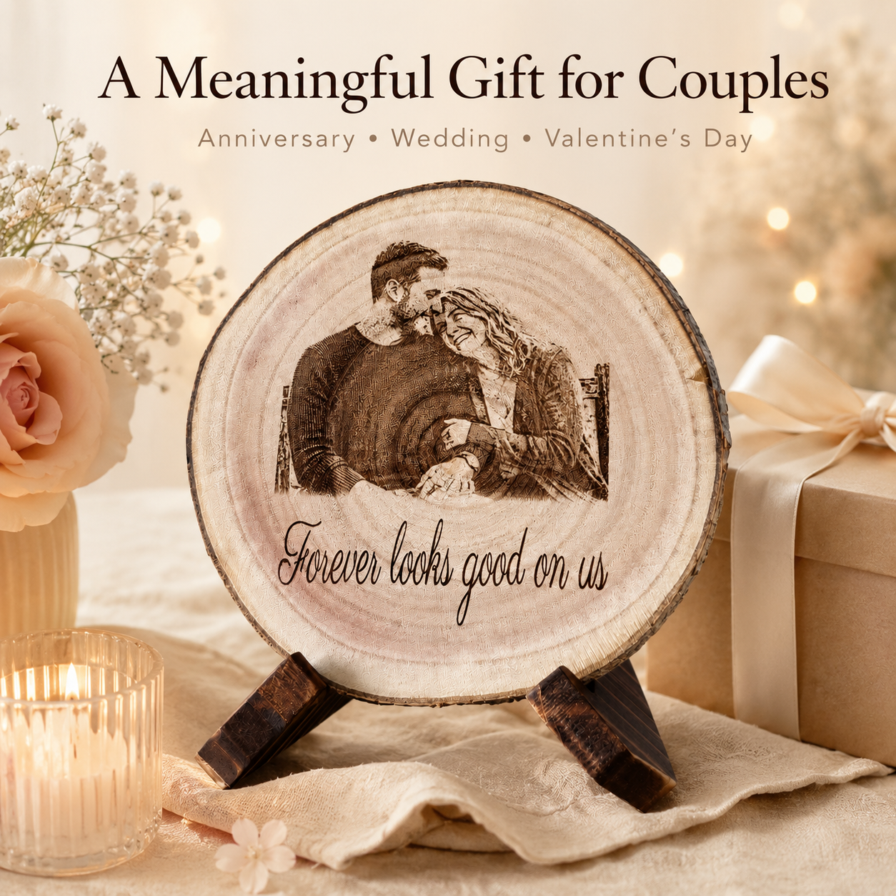 Personalized couple wood slice gift scene for anniversary wedding or Valentine's Day