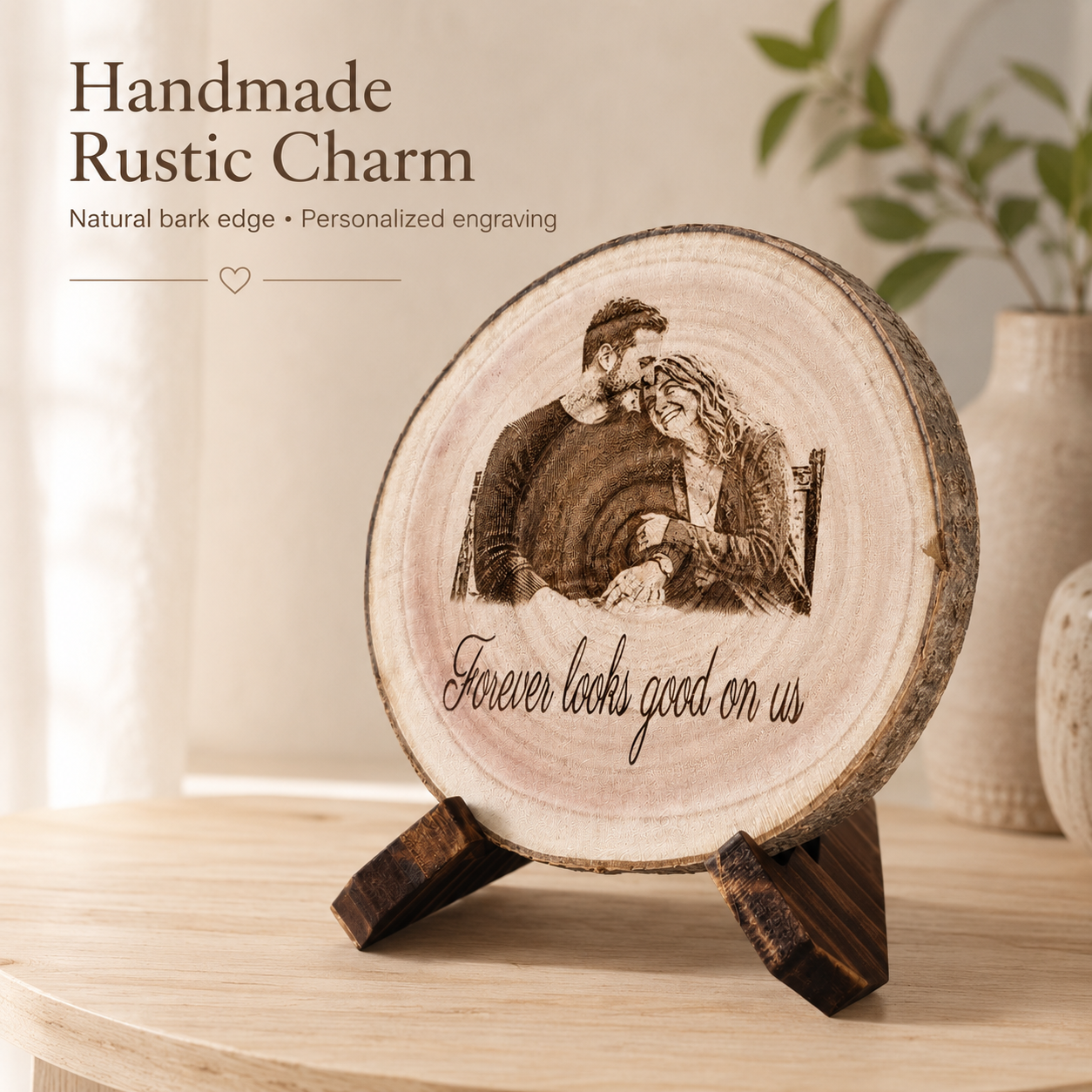 Handmade rustic charm image with natural bark edge and personalized engraving