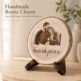 Handmade rustic charm image with natural bark edge and personalized engraving