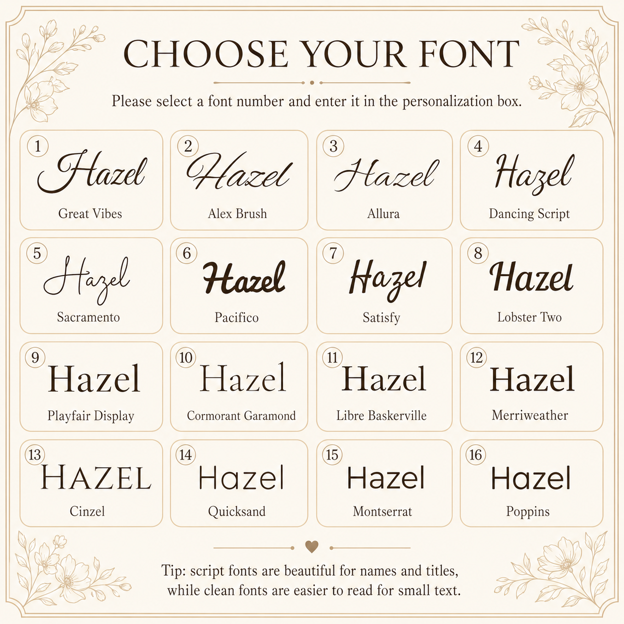 Font selection chart for personalized name phrase or date engraving