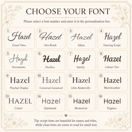 Font selection chart for personalized name phrase or date engraving