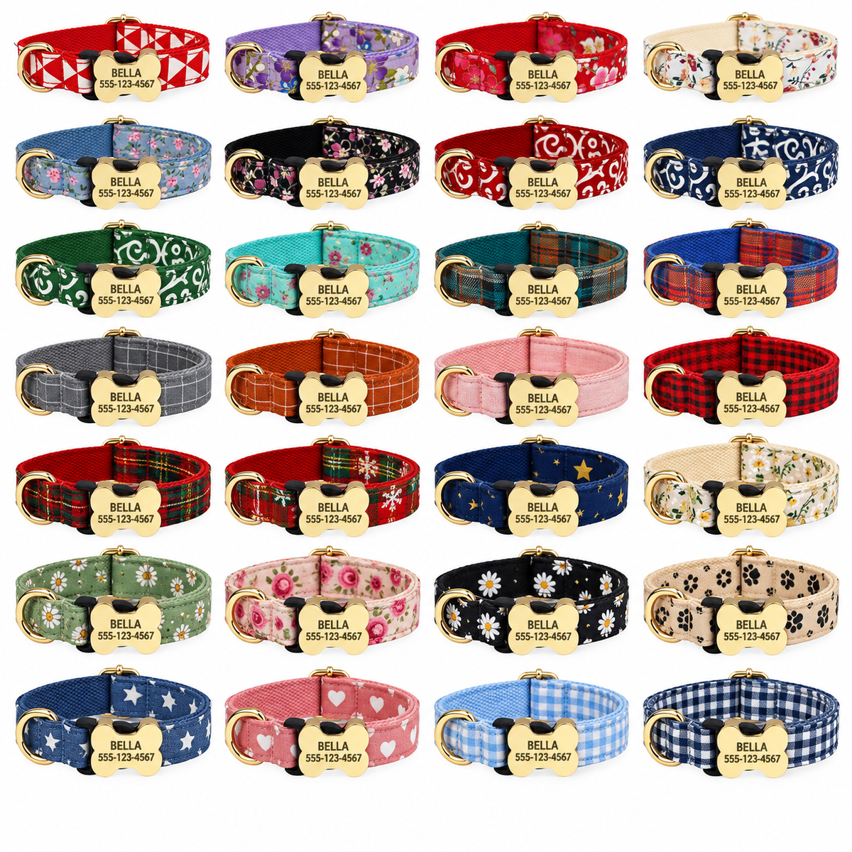 Personalized floral dog collar, harness and leash set with custom name and phone buckle