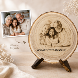 Personalized family photo wood slice engraving displayed as a grandparents keepsake gift