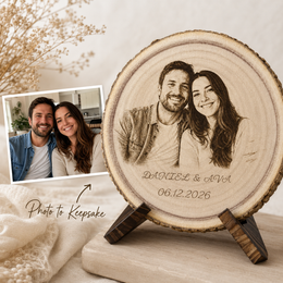 Personalized couple photo wood slice engraving for an anniversary keepsake