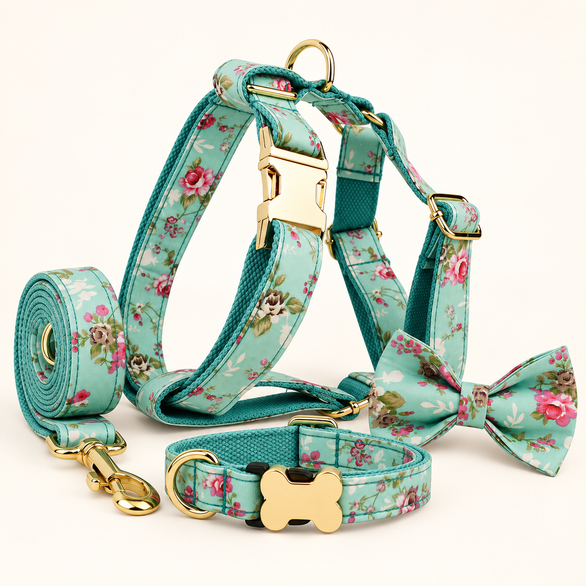 Floral dog collar with engraved bone buckle personalized with pet name and phone number