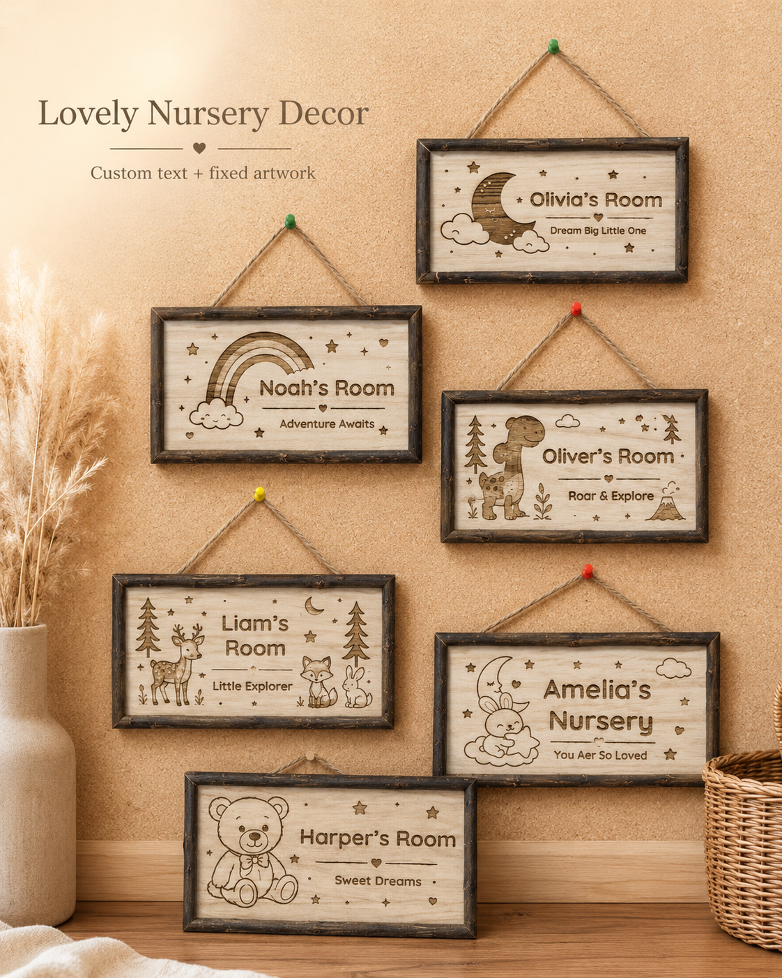 Personalized wooden kids room signs shown in multiple nursery artwork themes