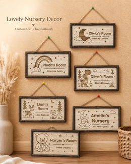 Personalized wooden kids room signs shown in multiple nursery artwork themes