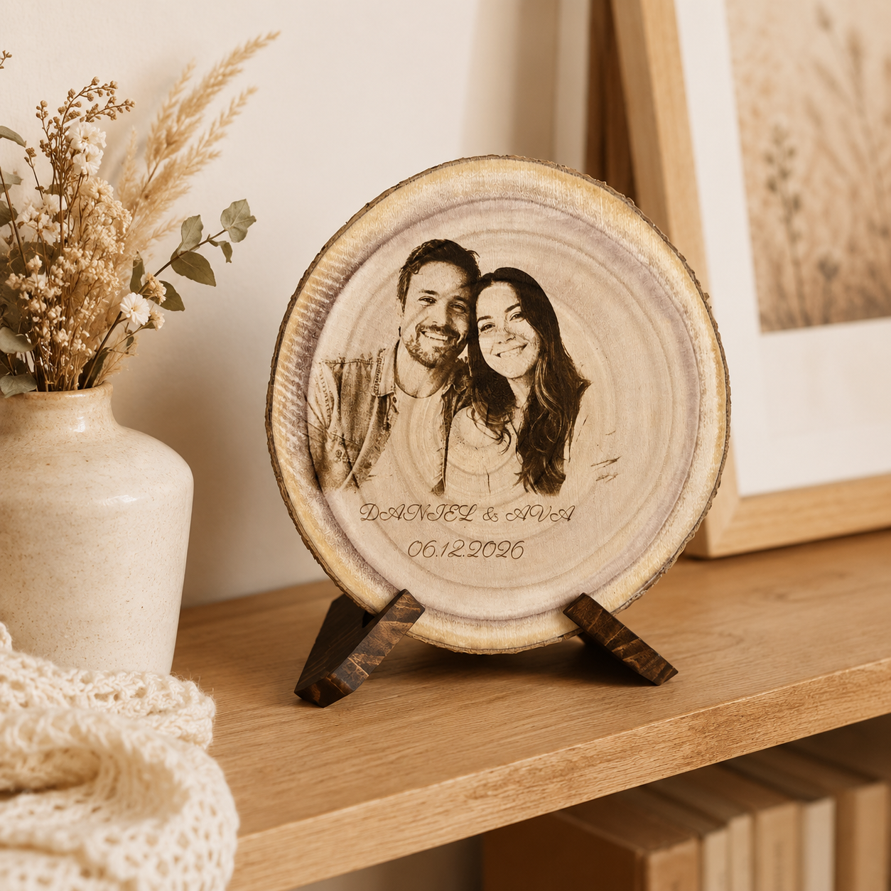 Custom couple photo engraved on a natural wood slice with bark edge