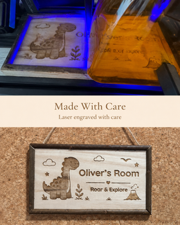 Laser engraving process on a personalized framed wooden nursery name sign