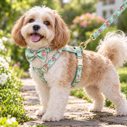 Matching personalized dog collar, leash and harness set with gold-tone hardware