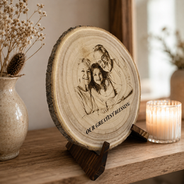 Custom family photo engraved on a natural wood slice with bark edge