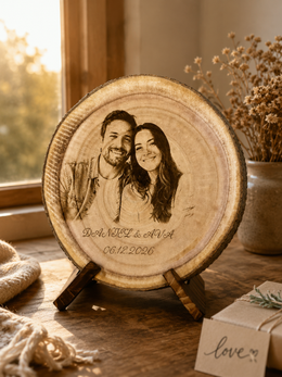 Personalized couple wood slice keepsake with engraved photo and optional text