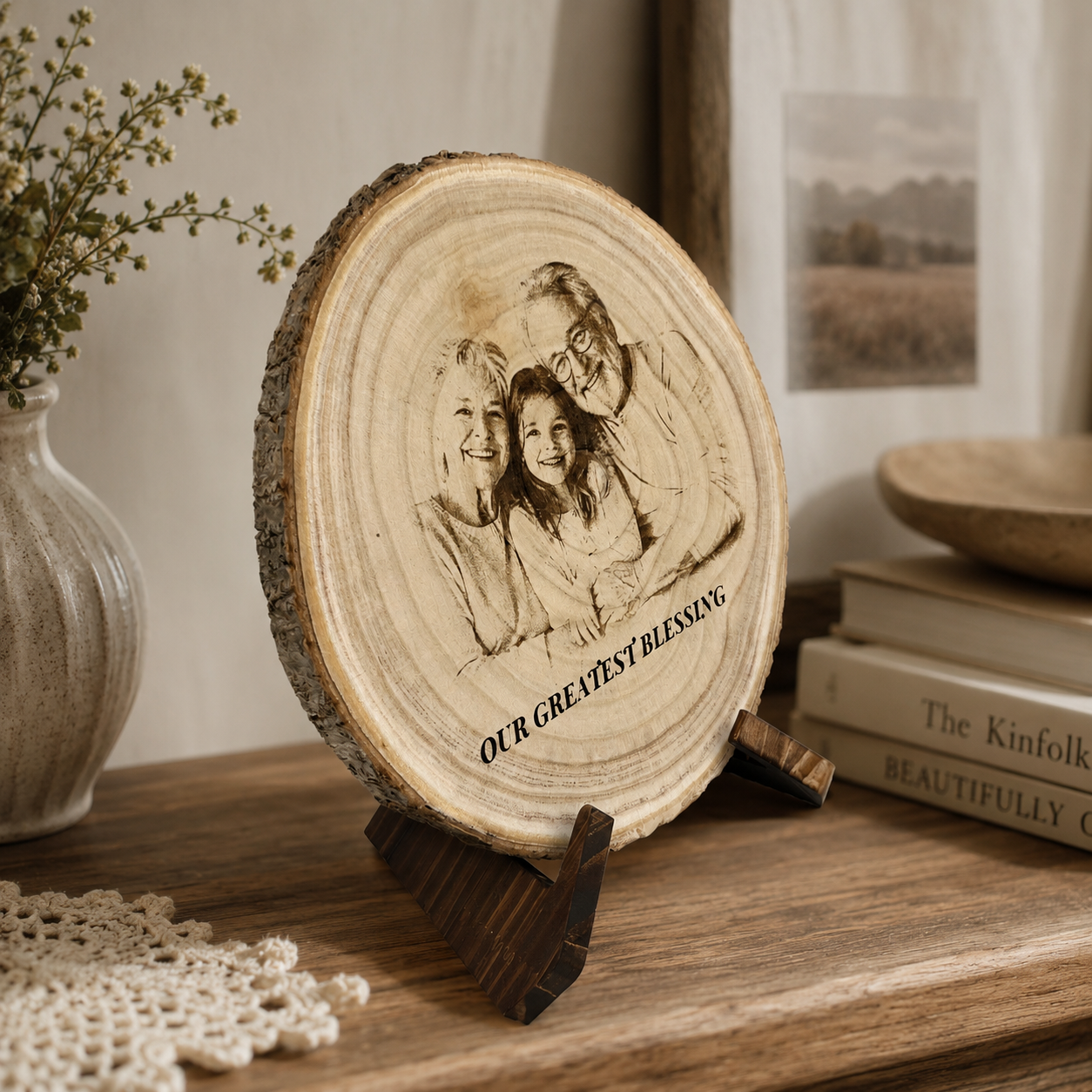 Personalized family wood slice keepsake with engraved photo and optional text