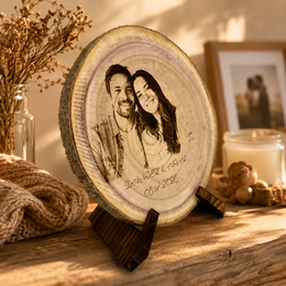 Engraved couple photo wood slice for wedding or engagement keepsake