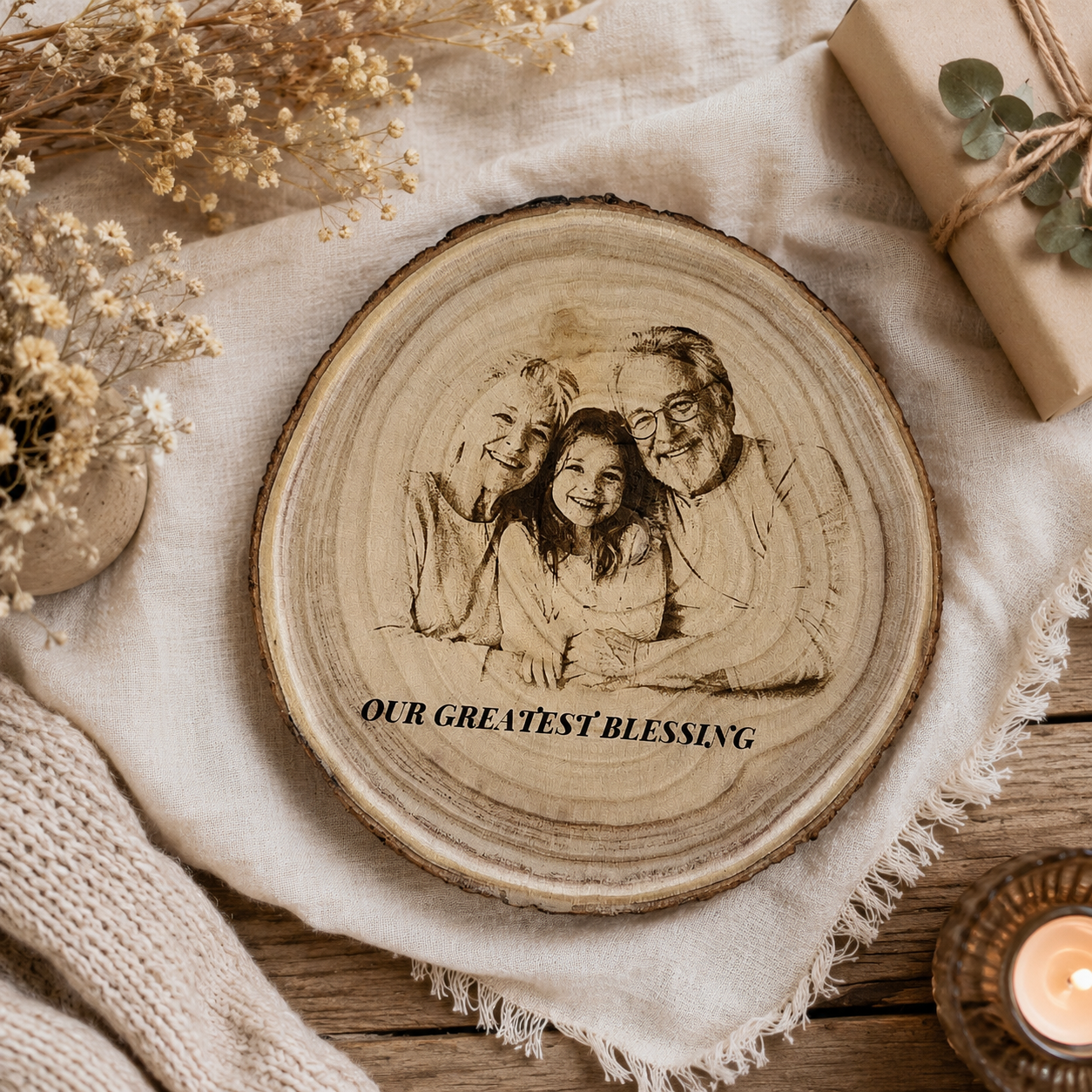 Close-up of personalized family photo engraving on natural wood slice