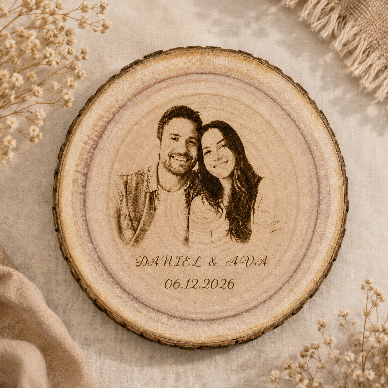 Close-up of personalized couple photo engraving on natural wood slice