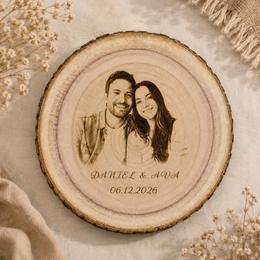 Close-up of personalized couple photo engraving on natural wood slice