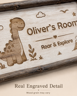 Close-up of Dino theme personalized kids room wooden sign
