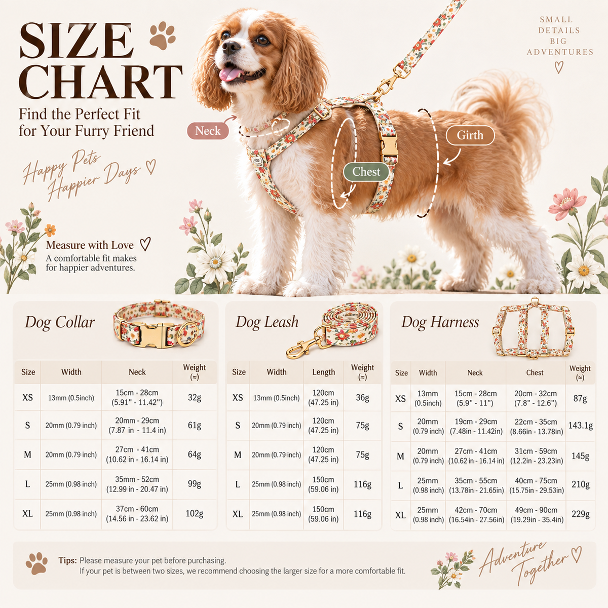 Matching floral dog collar and leash set with personalized bone-shaped buckle