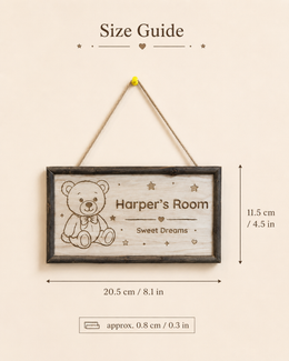 Size guide for personalized wooden kids room sign measuring 20.5 by 11.5 cm