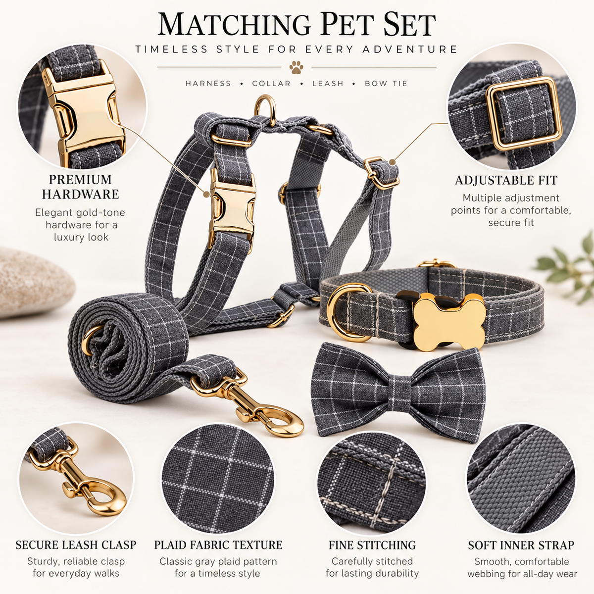 Personalized pet accessory set with collar, harness, leash and bow tie options