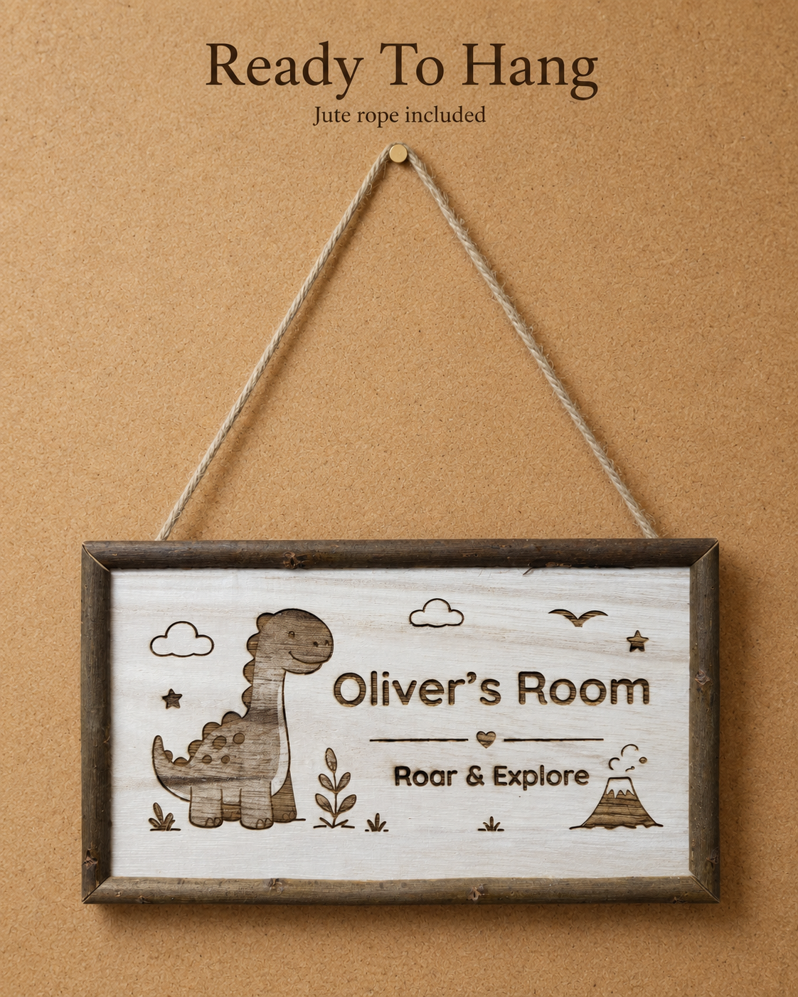 Ready-to-hang personalized kids room sign with jute hanging rope