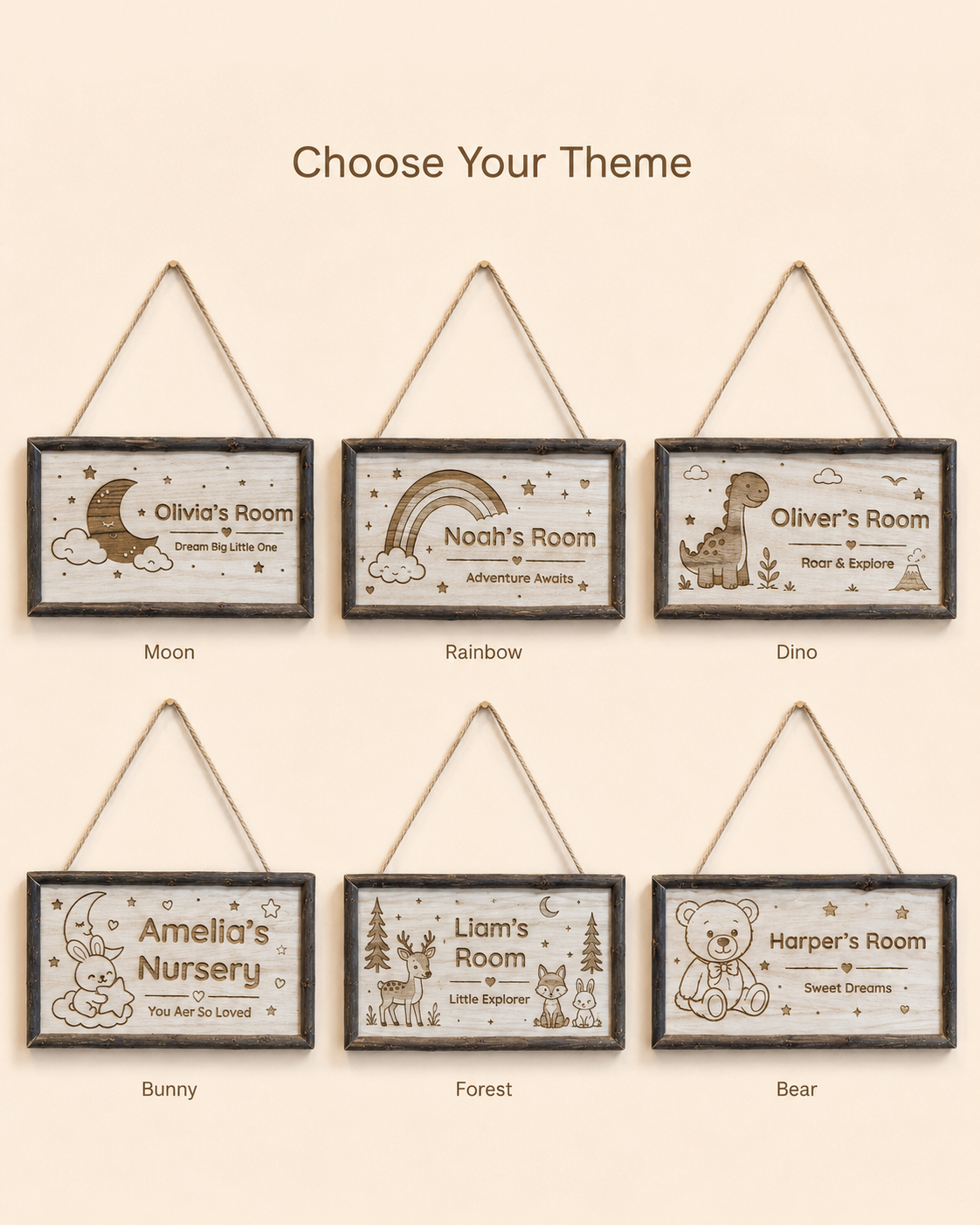 Six fixed artwork theme choices for personalized nursery and kids room signs