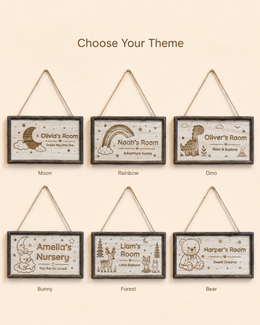 Six fixed artwork theme choices for personalized nursery and kids room signs