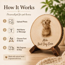Pet photo transformed into a laser engraved wood slice portrait gift