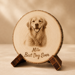 Custom engraved pet photo wood slice keepsake with dog name and message