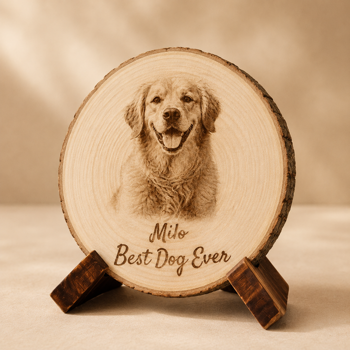 Custom engraved pet photo wood slice keepsake with dog name and message