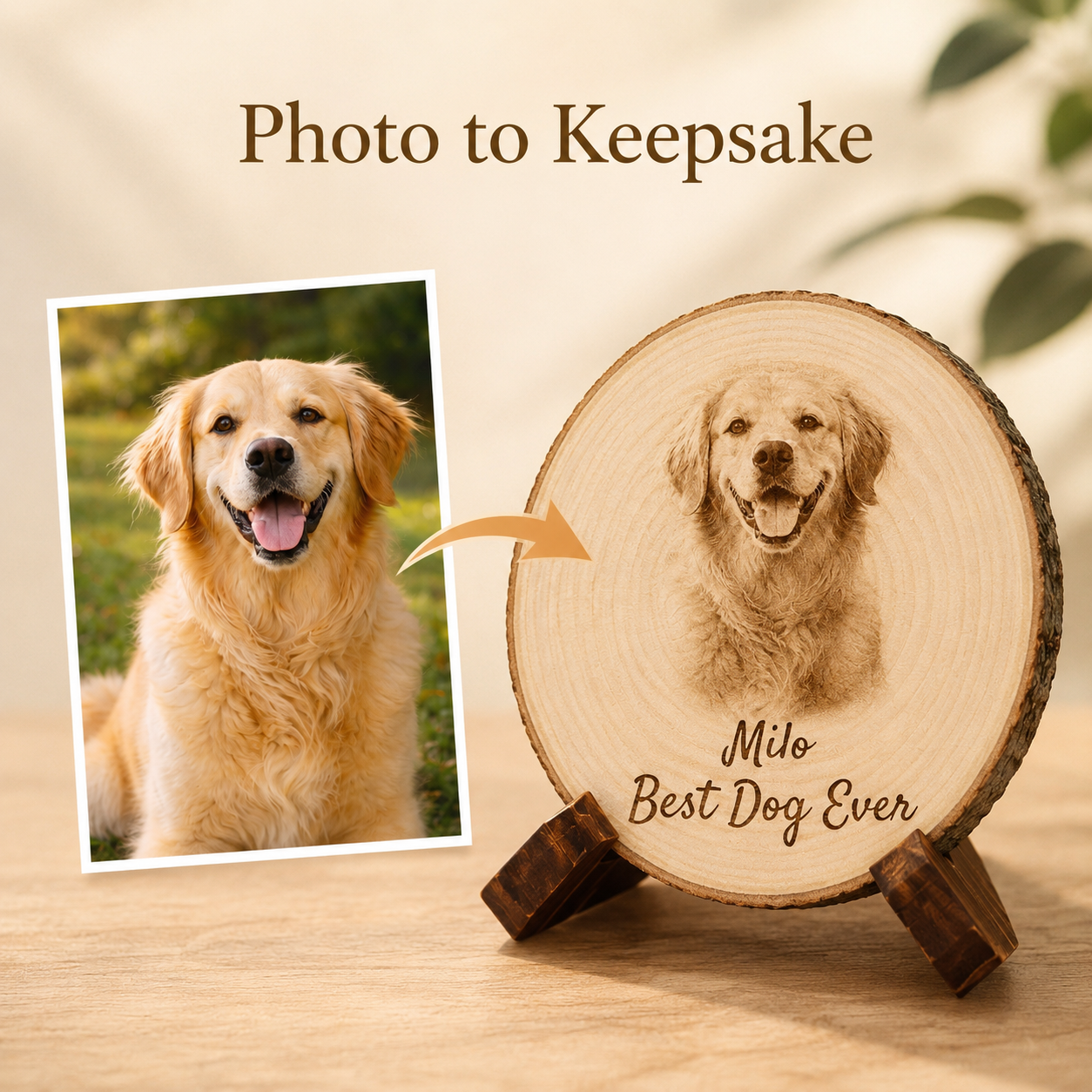 Personalized pet photo wood slice with custom dog portrait engraving and optional stand
