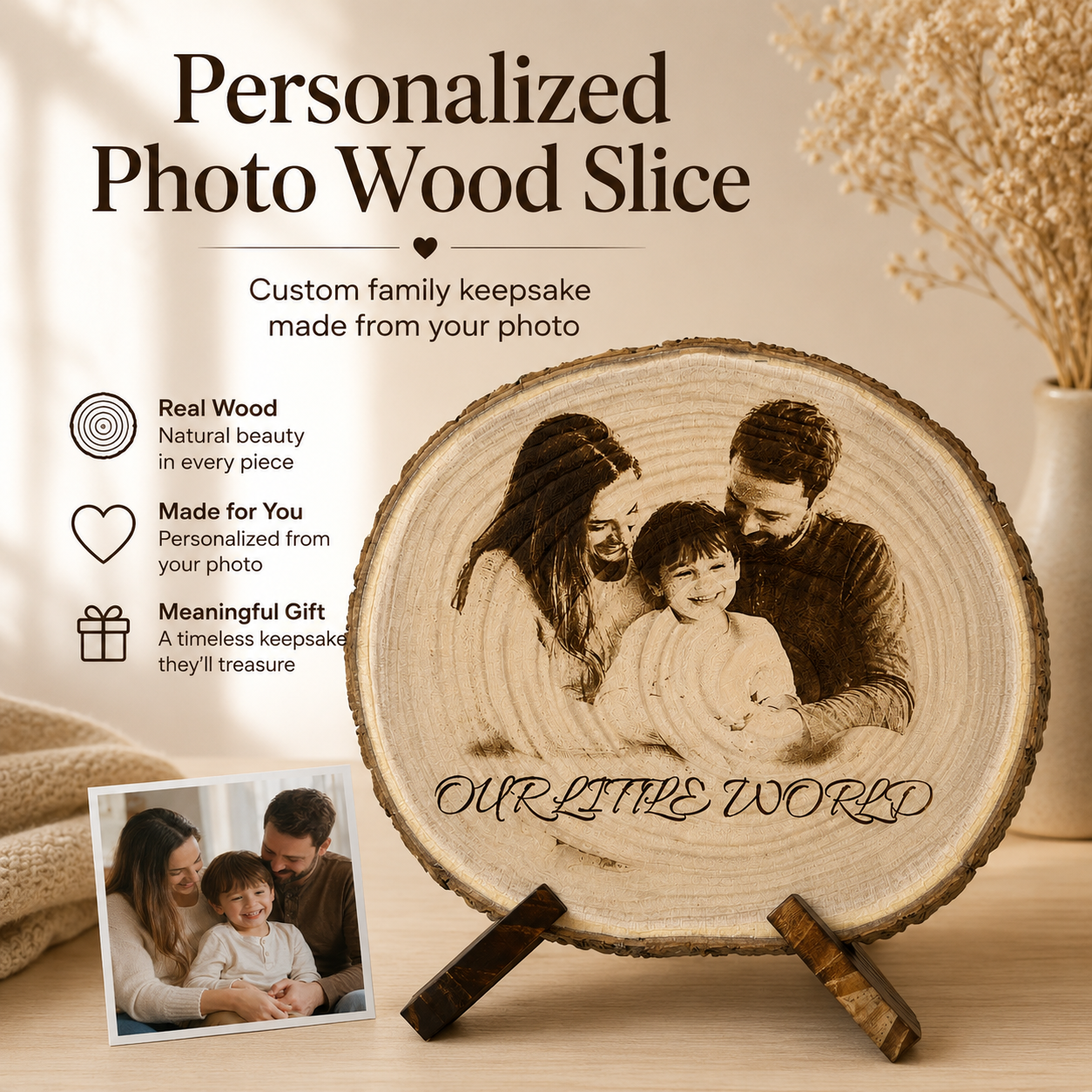 Personalized family photo wood slice custom engraved keepsake gift on natural wood