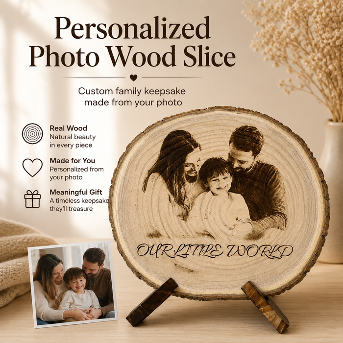 Personalized family photo wood slice custom engraved keepsake gift on natural wood