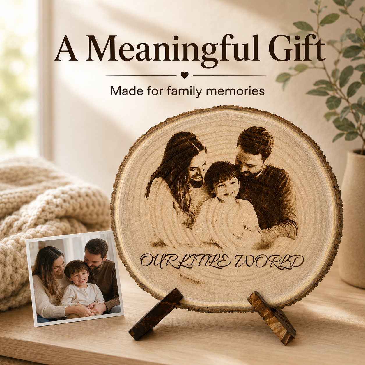 Custom engraved family photo wood slice made from uploaded picture with optional text