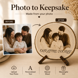 Personalized photo to wood slice keepsake showing laser engraved family portrait result