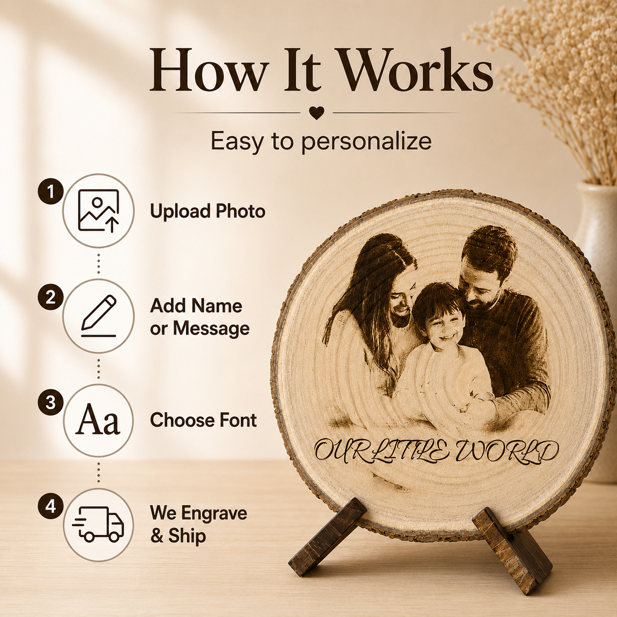 Meaningful personalized family photo gift engraved on real natural wood slice