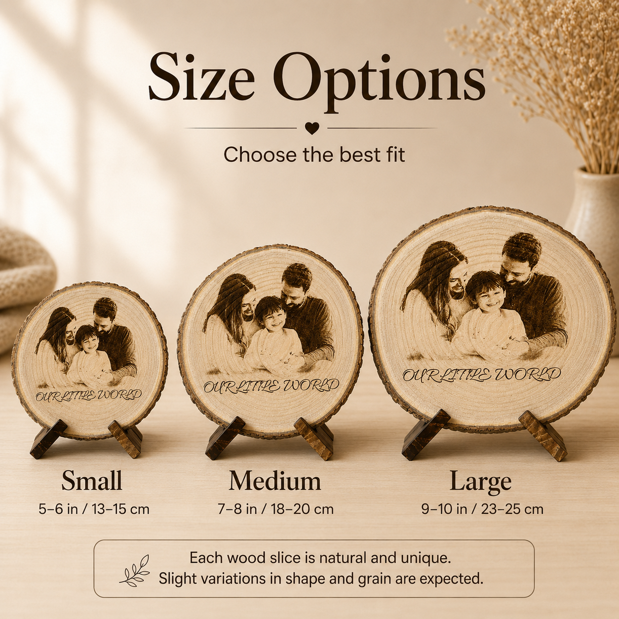 Font choices for custom engraved family photo wood slice keepsake