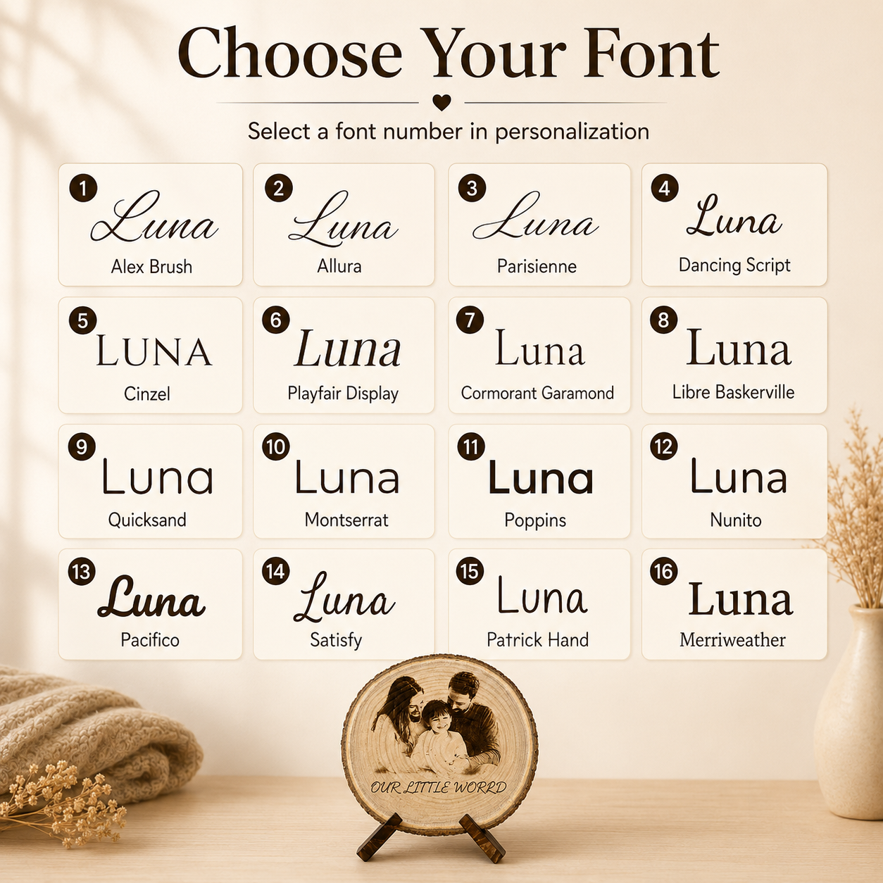 Size and stand options for personalized family photo wood slice decor