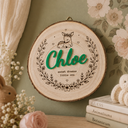 Custom kids room wood slice name plaque displayed as nursery wall decor