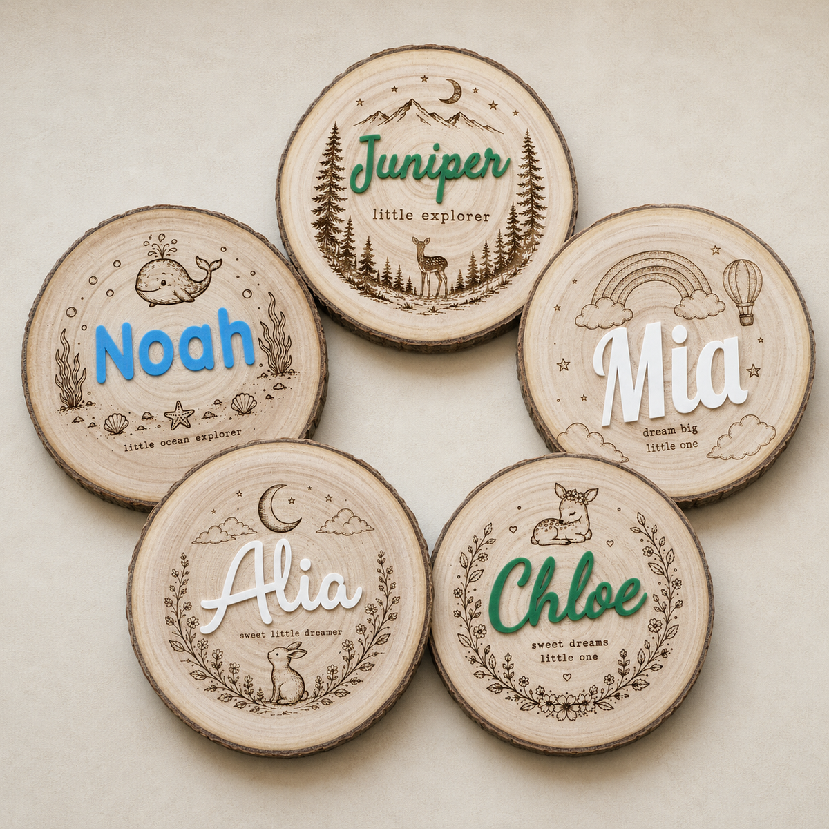 Personalized baby name wood slice sign with raised acrylic lettering