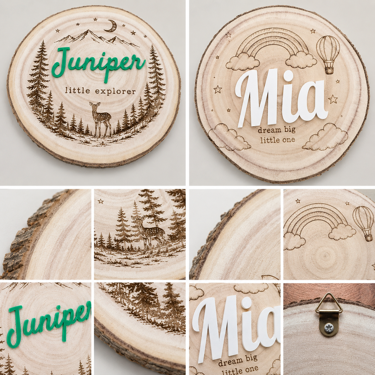 Group of personalized wood slice kids room signs with different names and acrylic colors
