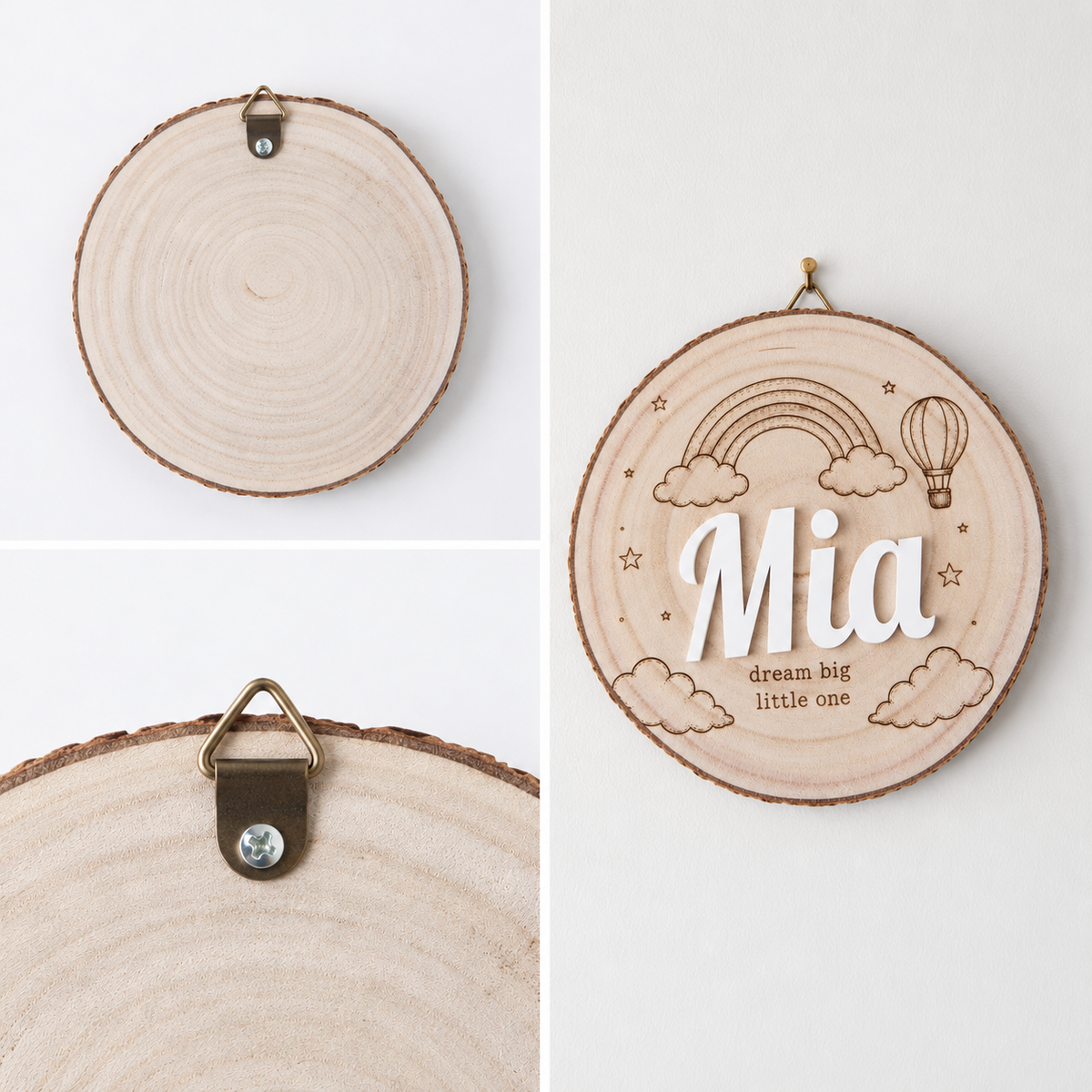 Back of personalized wood slice kids room sign showing the small hanging hook