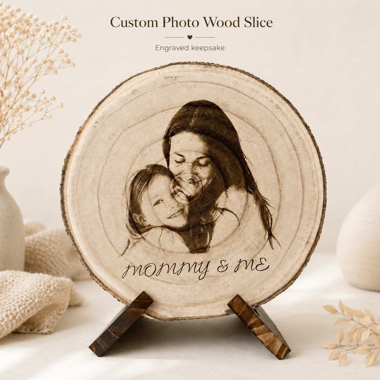 Close-up of laser engraved mother and daughter photo on a natural wood slice with bark edge detail.