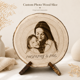 Close-up of laser engraved mother and daughter photo on a natural wood slice with bark edge detail.