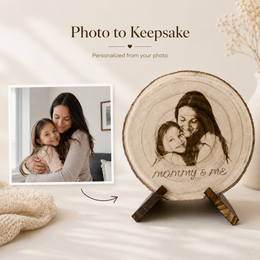 Personalized mother and son or daughter wood slice keepsake displayed on a dark stand.